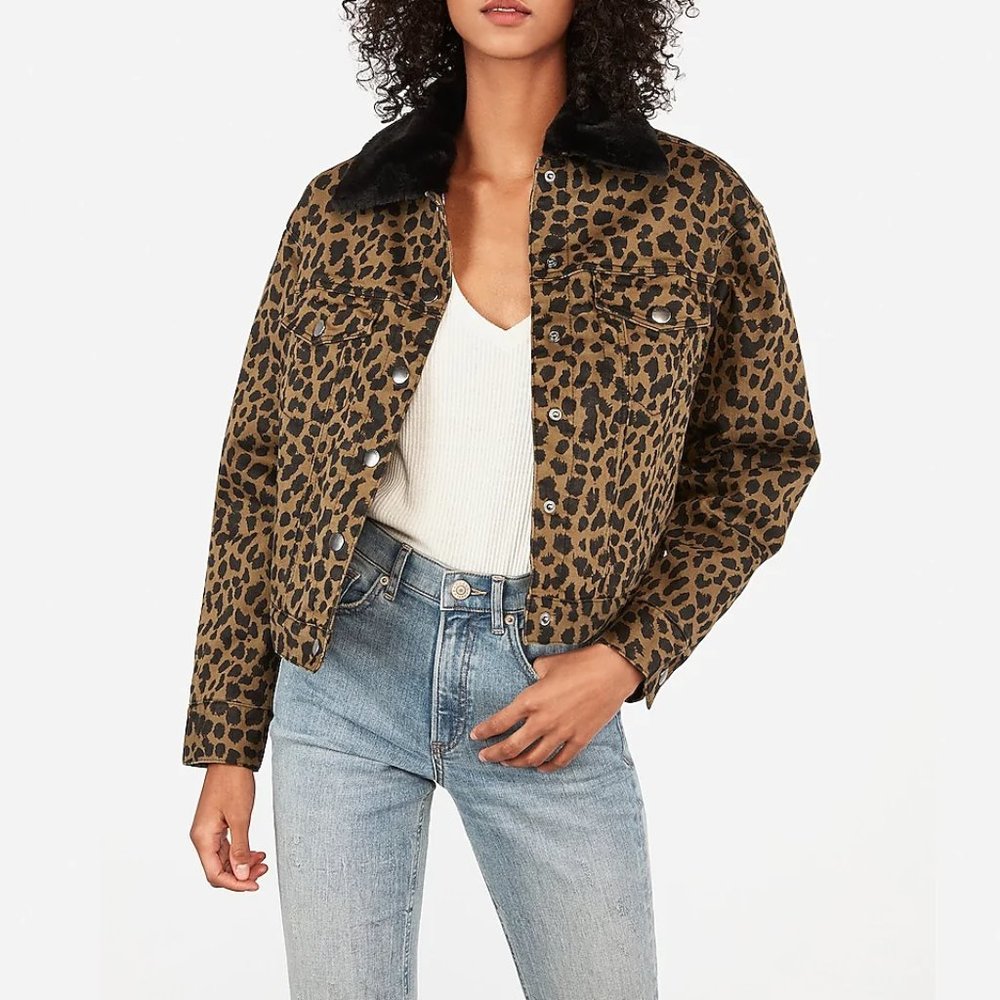 EXPRESS LEOPARD FUR COLLAR SHERPA LINED DENIM JEAN JACKET COAT LARGE NWT $128